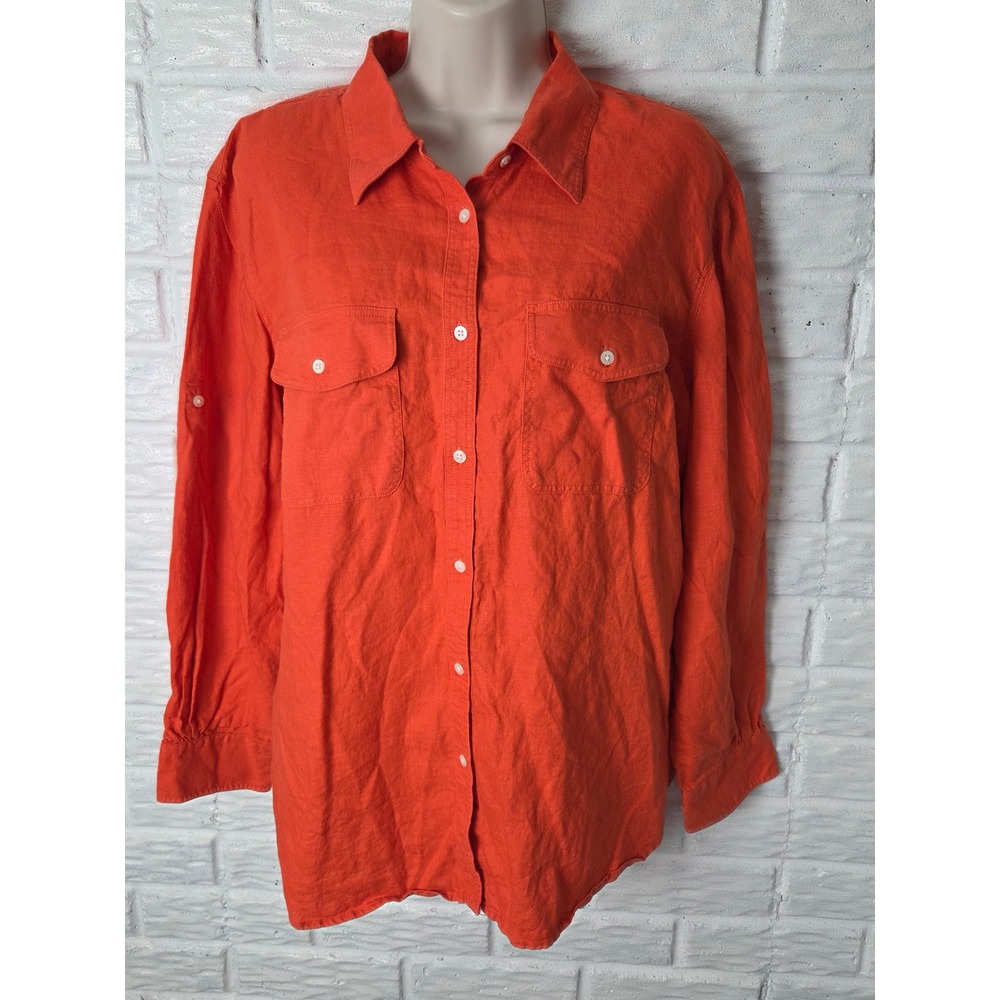 LAUREN Ralph Lauren Linen blouse Women's 2X Orange Roll Sleeve Pockets Button up - Picture 2 of 7